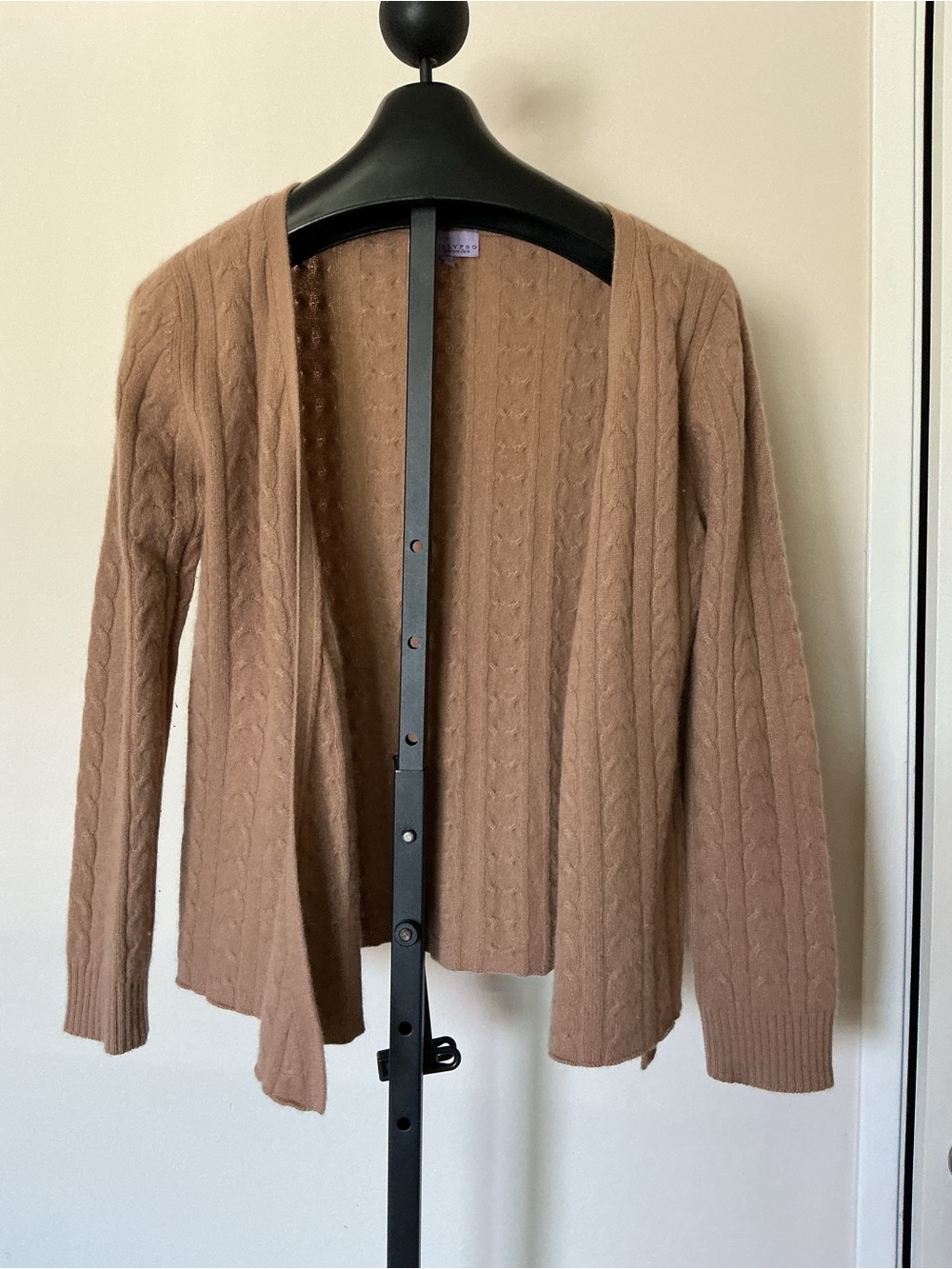 Open-Front Cable-Knit Cardigan in Camel